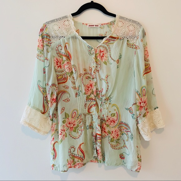 Johnny Was Tops - Johnny Was Sheer Floral Rayon Lace Trimed Blouse